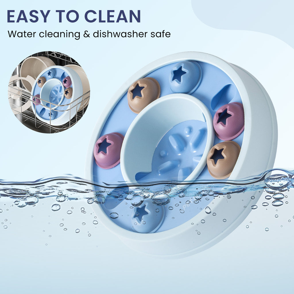 Easy to clean graphic showing the blue puzzle bowl with water splashing and an inset of the bowl in a dishwasher rack.