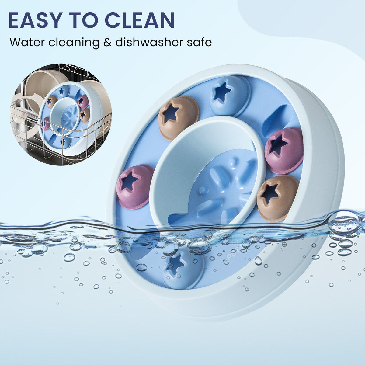 Easy to clean graphic showing the blue puzzle bowl with water splashing and an inset of the bowl in a dishwasher rack.