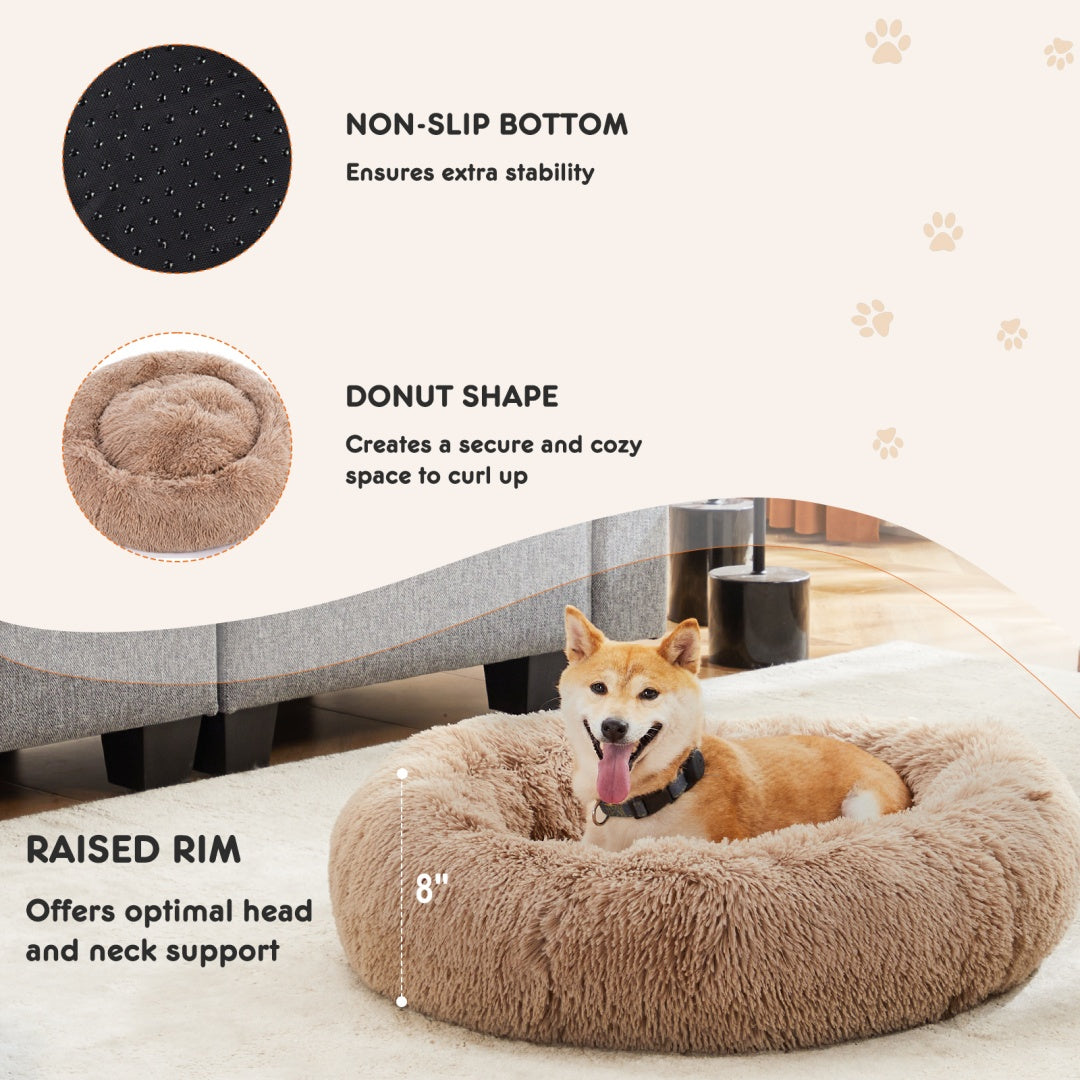 Dog relaxing in a fluffy round pet bed in a cozy living room
