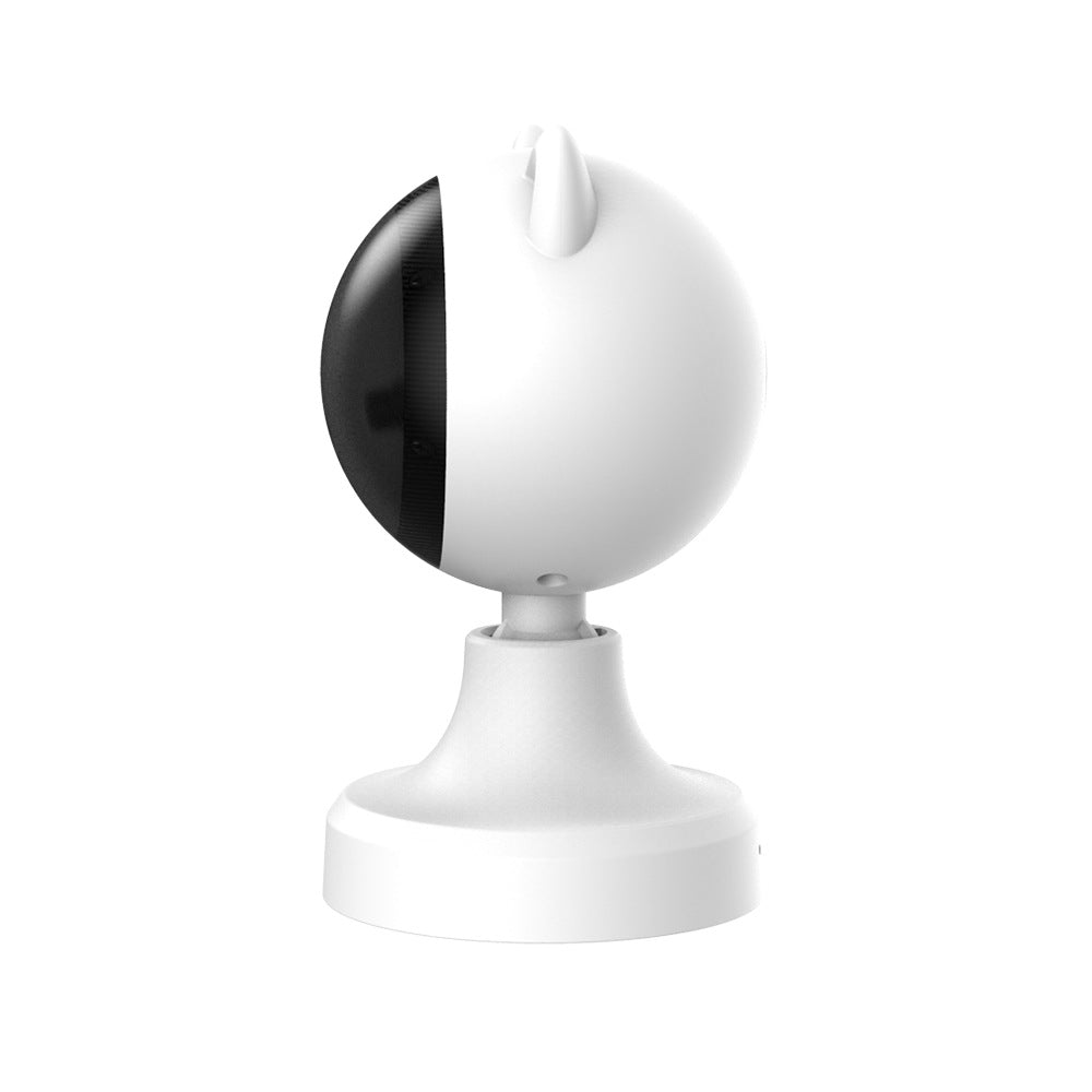 Studio shot of the white cat-shaped laser toy on its stand, side view with the black lens visible, isolated on white.