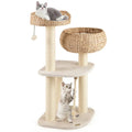 White water hyacinth cat tree with two cats, woven basket perch, nest and sisal scratching posts