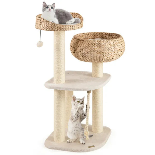 White water hyacinth cat tree with two cats, woven basket perch, nest and sisal scratching posts