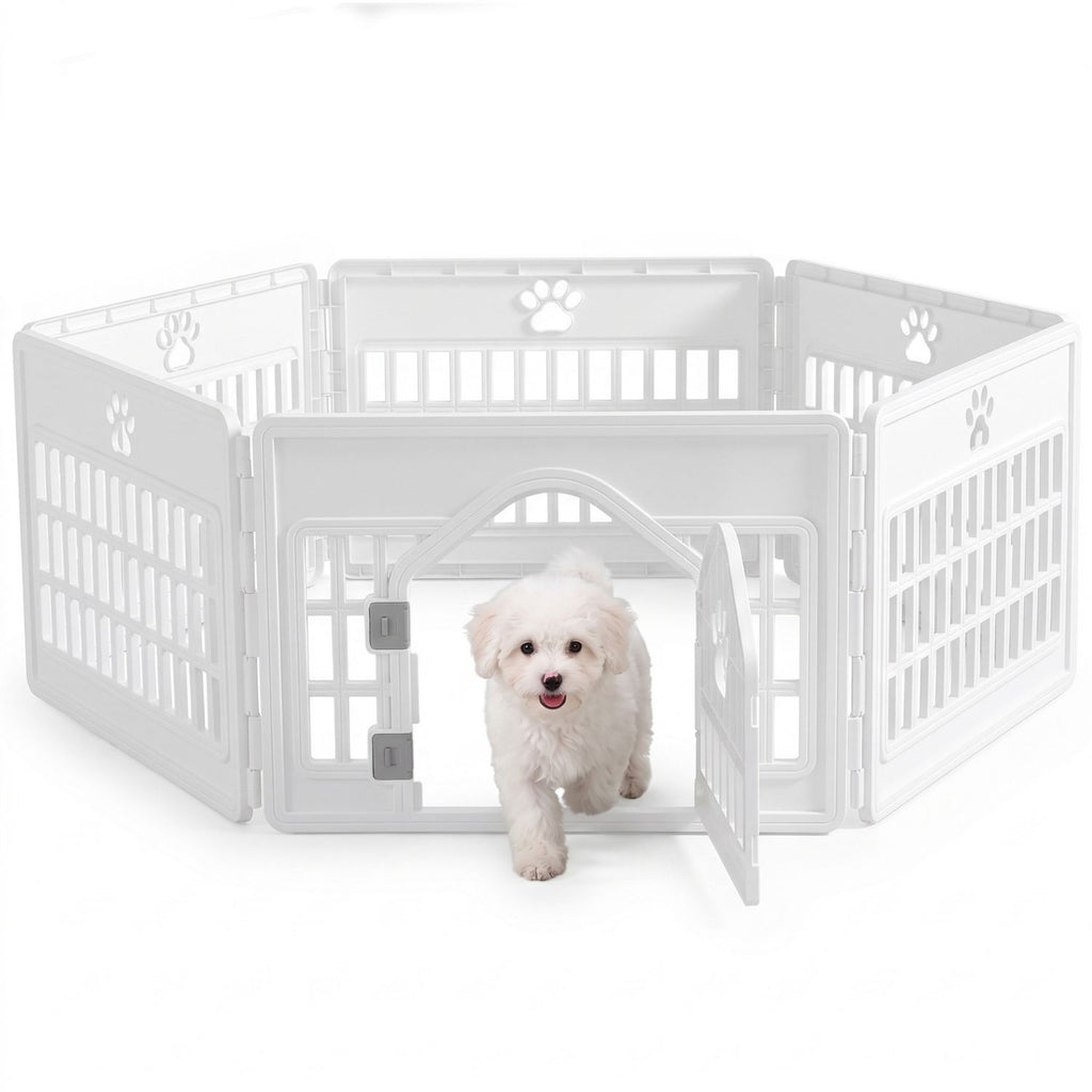 White 6-panel modular plastic dog playpen with paw print cutouts and locking door; small white fluffy dog walking out of the portable pet fence