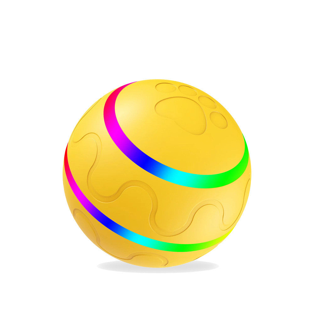 Yellow intelligent self-rotating cat ball with paw print texture and rainbow LED light strips on white background.