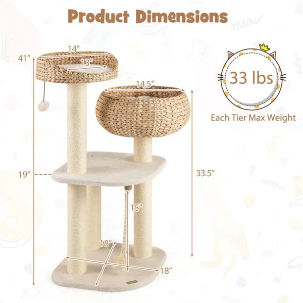 White water hyacinth cat tree dimensions chart showing 41 inch height and 33 lbs per tier capacity