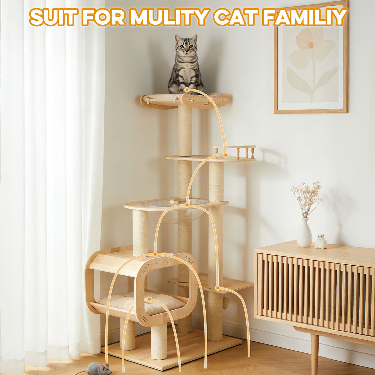 Cat on top perch of wooden 4-story cat tree showing climbing paths between platforms