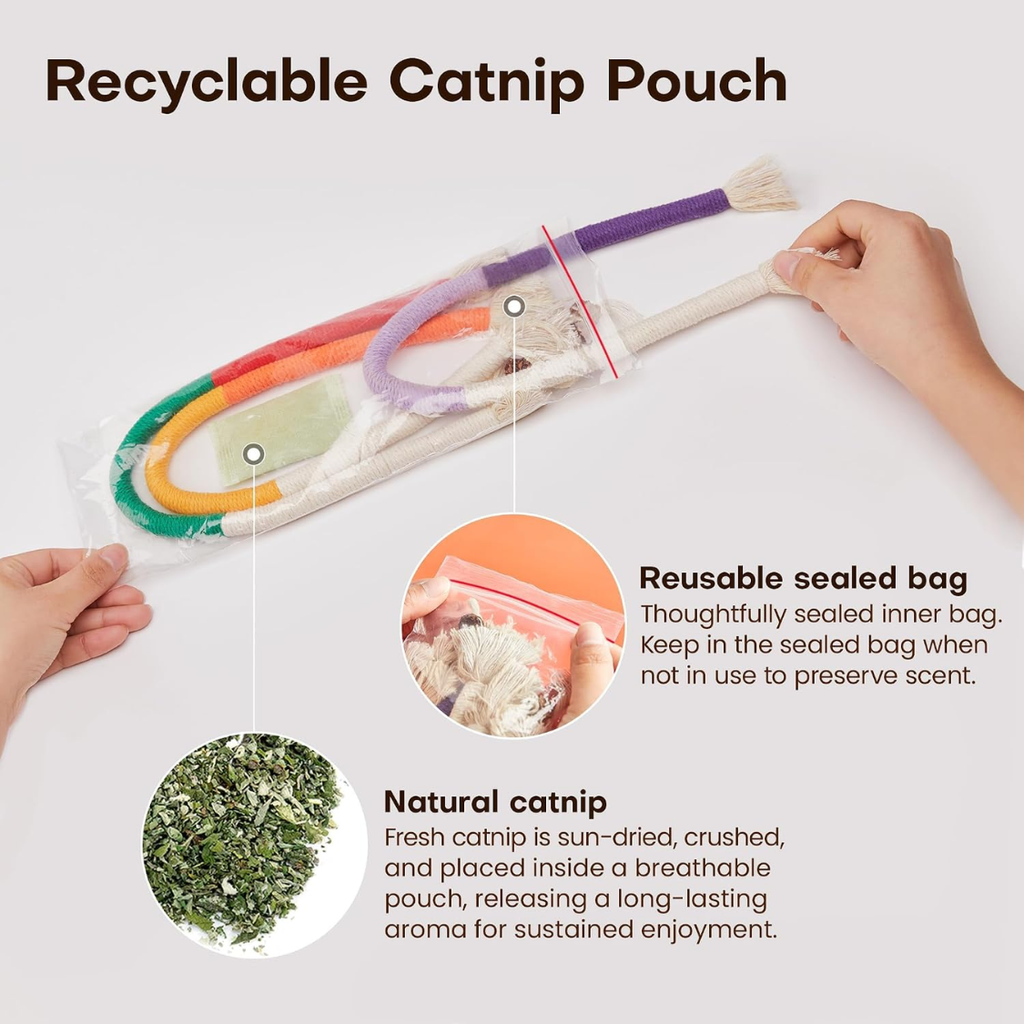 Recyclable catnip pouch graphic showing the wavy chew ropes in a clear bag with reusable sealed bag and natural catnip callouts.
