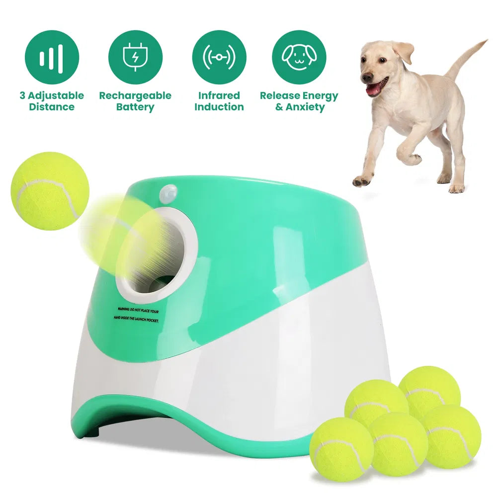 Automatic dog ball launcher fetch machine with tennis balls, angled view