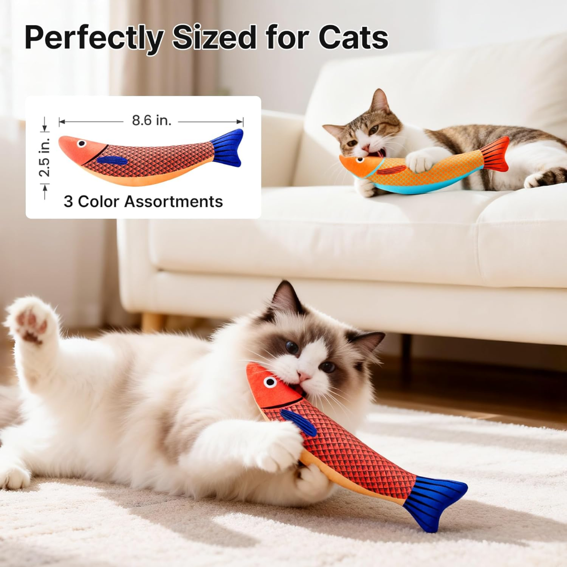 cats playing with 8.6 inch catnip fish kicker toys in three color assortments sized for cats