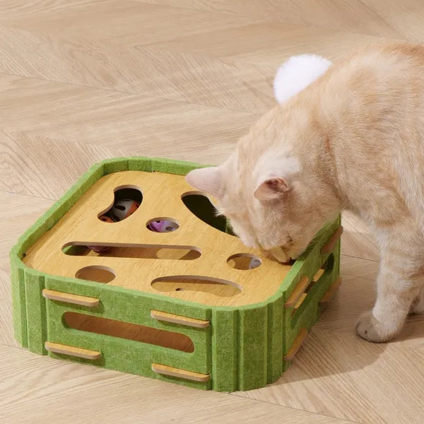 cream cat playing with green felt cat scratcher play board with interactive balls through cutouts