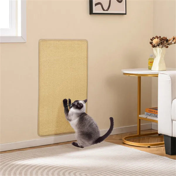 Siamese cat scratching wall-mounted sisal mat – vertical scratching pad in living room