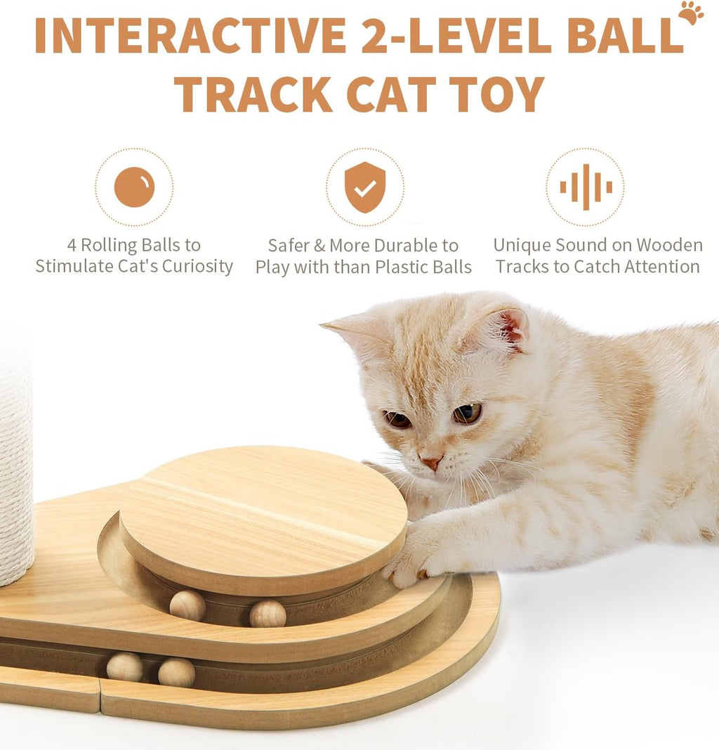 Marketing graphic of a cat batting the two-level wooden ball track, highlighting 4 rolling balls, safer wooden construction, and engaging sound.