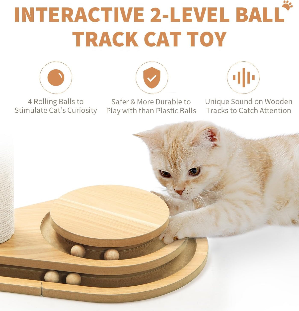 Marketing graphic of a cat batting the two-level wooden ball track, highlighting 4 rolling balls, safer wooden construction, and engaging sound.