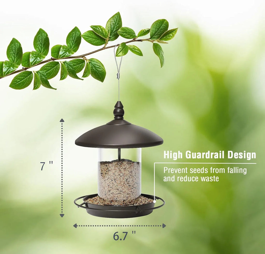 bronze metal roof bird feeder hanging with high guardrail design to prevent seed waste 7 inches tall