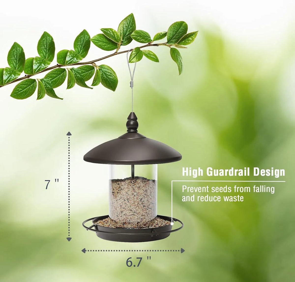 bronze metal roof bird feeder hanging with high guardrail design to prevent seed waste 7 inches tall