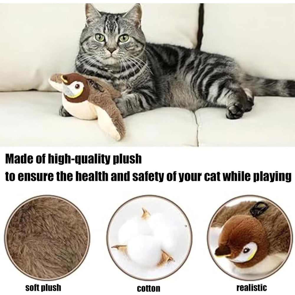 Flapping bird cat toy quality graphic: tabby cat with the brown chirping sparrow plush, plus close-ups of soft plush fur, cotton filling, and realistic bird design.