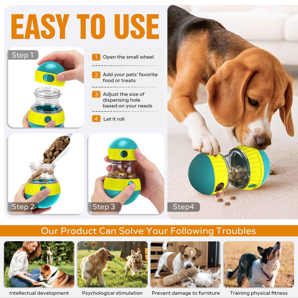 Easy to use infographic with puppy and treat dispensing ball