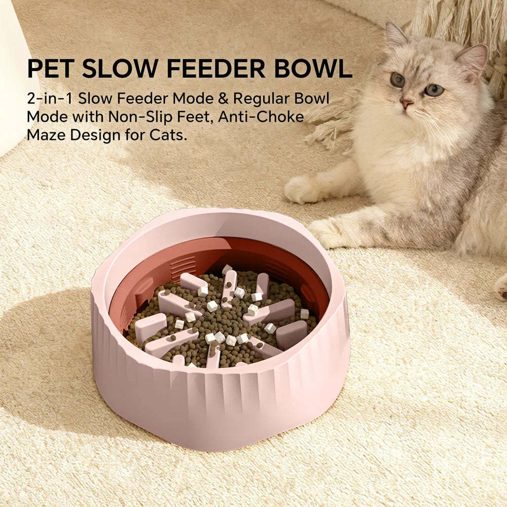 Pink pet slow feeder bowl filled with kibble and treats – 2-in-1 slow feeder and regular bowl mode with non-slip feet, anti-choke maze design