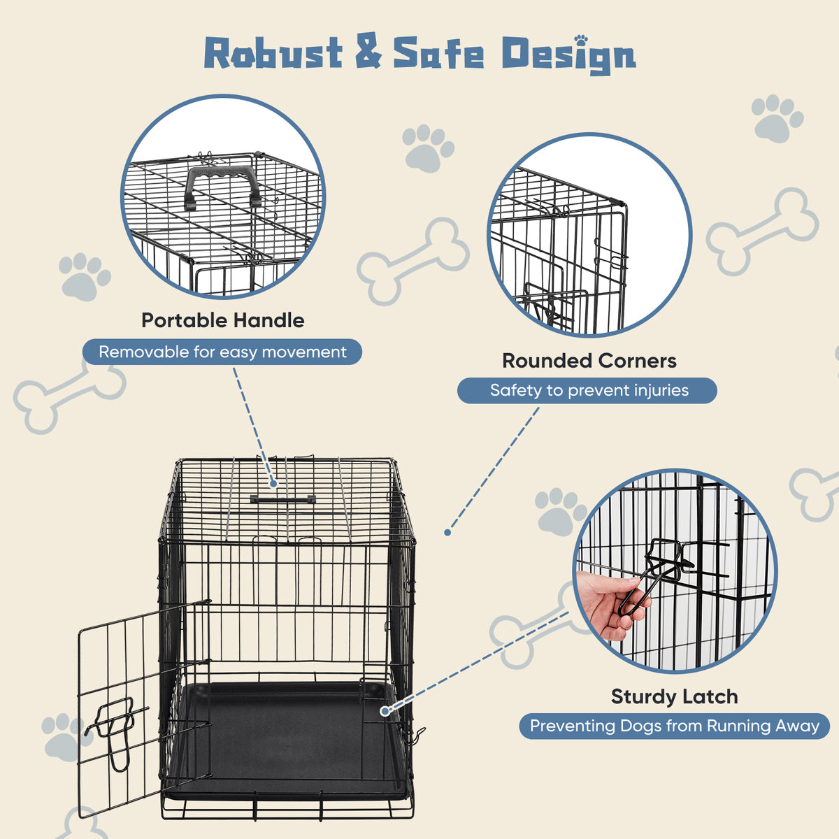 Dog cage safety features infographic showing portable handle, rounded corners and sturdy latch