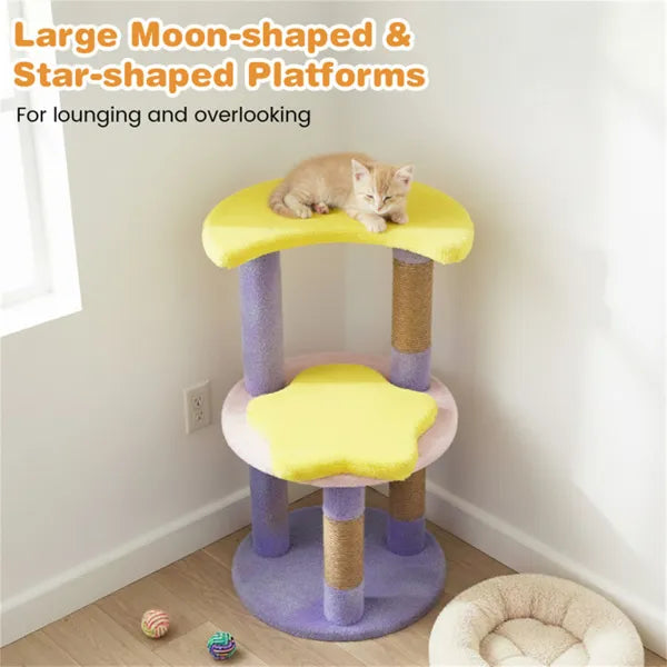 Whimsical purple cat tree with 4 levels and jute posts, angled view