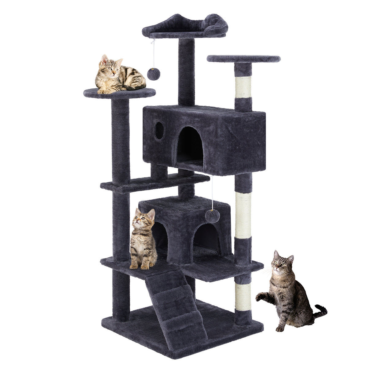 Dark gray multi-level cat treehouse with three tabby cats – climbing frame with condos, scratching posts, perches and hanging toys