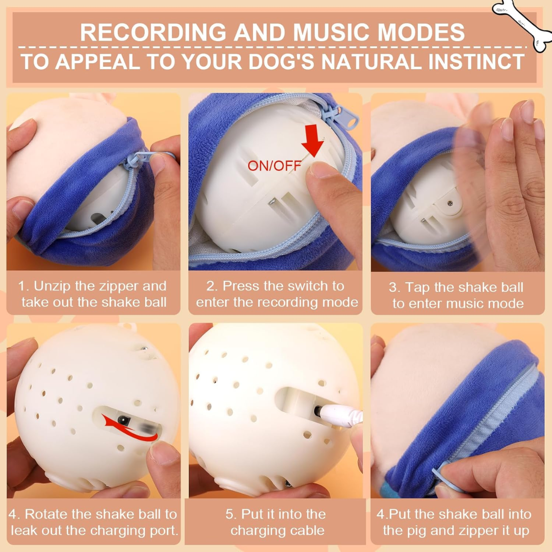 Recording and music modes instruction infographic showing how to use, charge and insert the shake ball into the pig toy