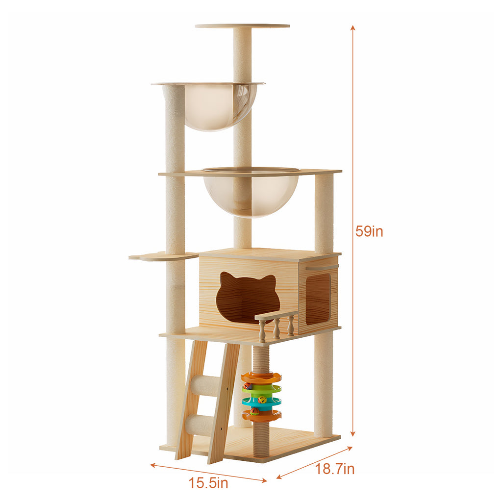 Wood cat tower dimension diagram showing 59 inch height with acrylic bowls, condo and track toy