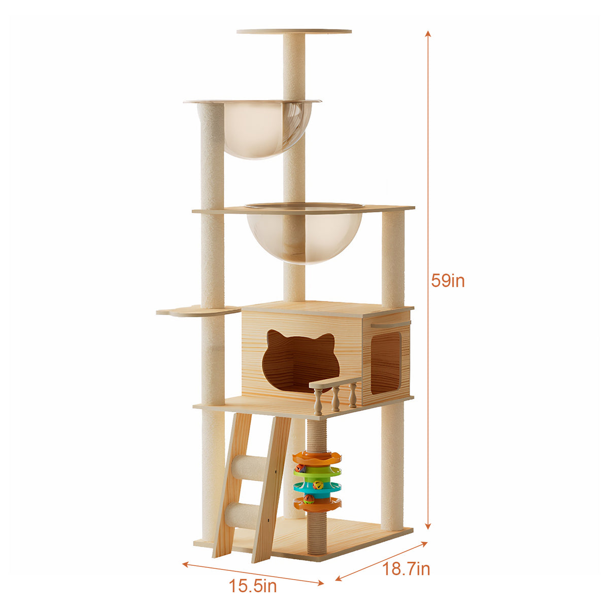Wood cat tower dimension diagram showing 59 inch height with acrylic bowls, condo and track toy