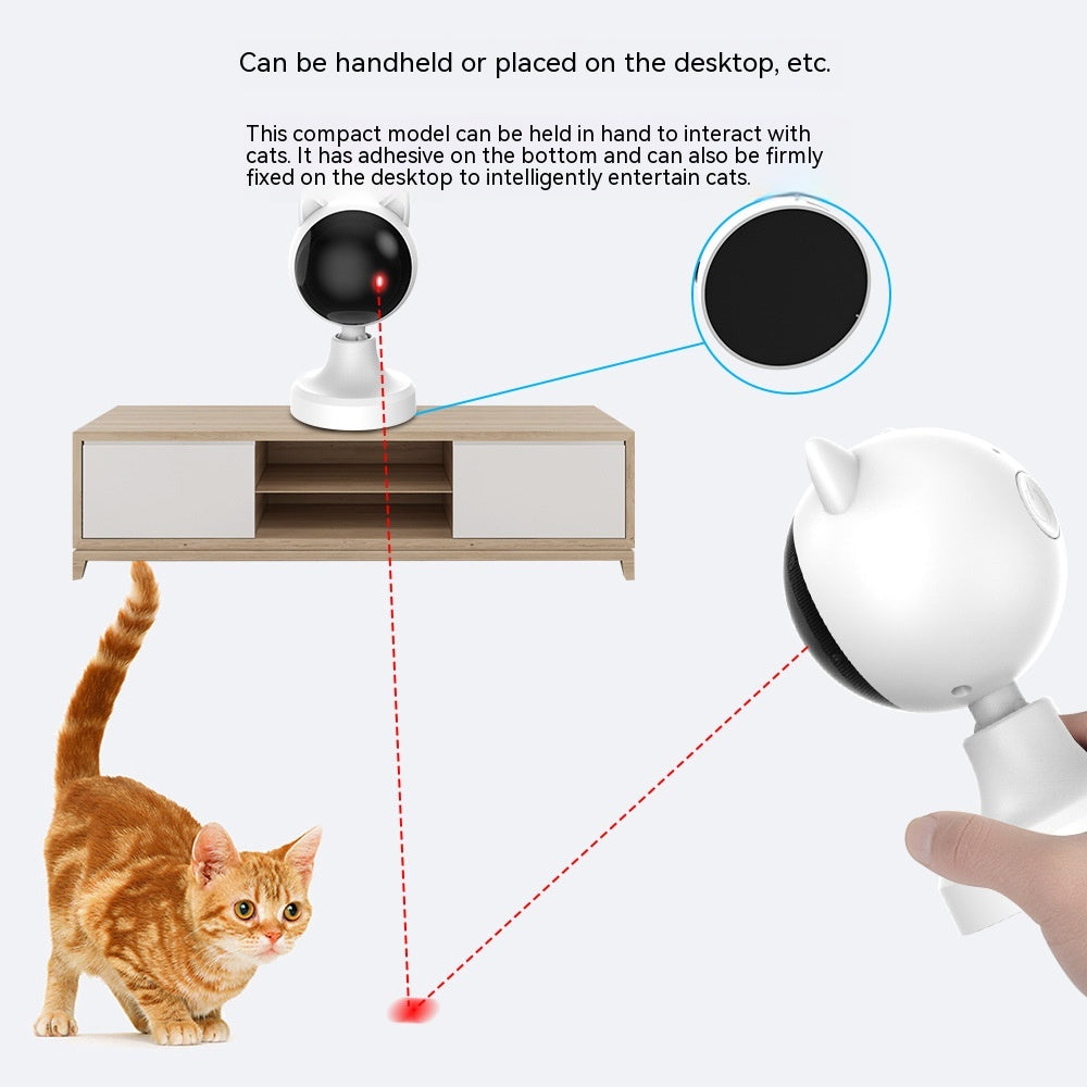 Handheld or desktop use graphic showing the laser toy on a side table and in a hand as an orange tabby chases the red laser dot, captioned can be handheld or placed on the desktop.