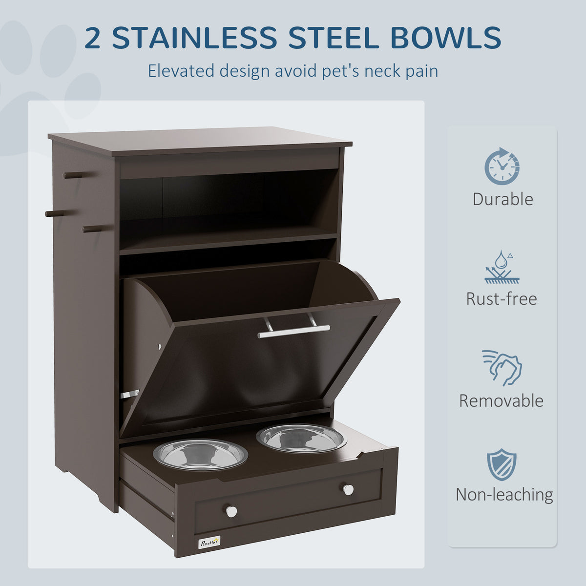 Gray pet feeder station with 2 stainless steel bowls in pull-out drawer – elevated design avoids neck pain, durable, rust-free, removable, non-leaching