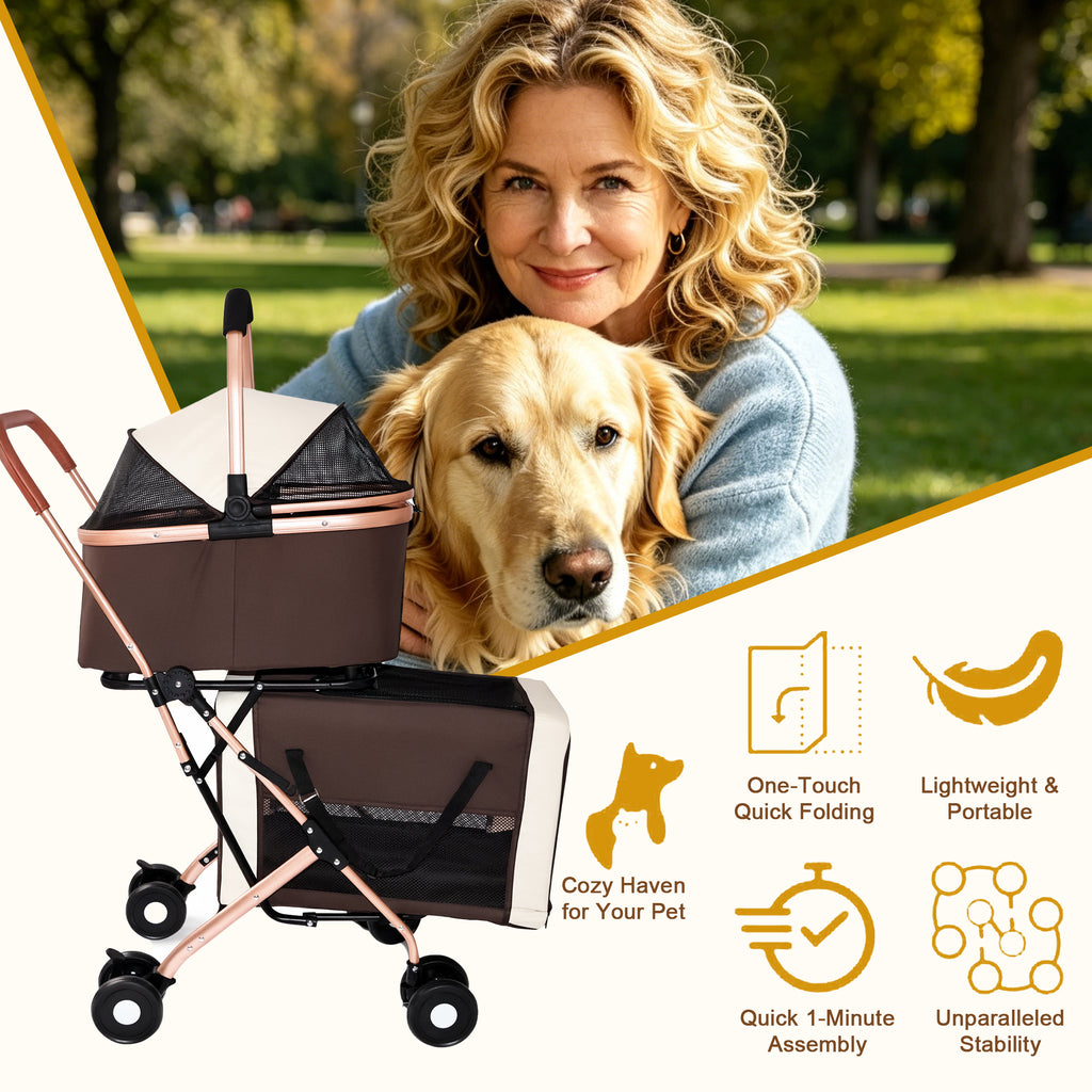 Double pet stroller feature graphic with woman and golden retriever in a park, highlighting one-touch folding, lightweight portability, quick assembly and stability