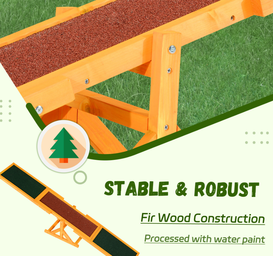 Stable and robust construction graphic showing the fir wood A-frame pivot, sand-grain asphalt surface, and water paint finish.