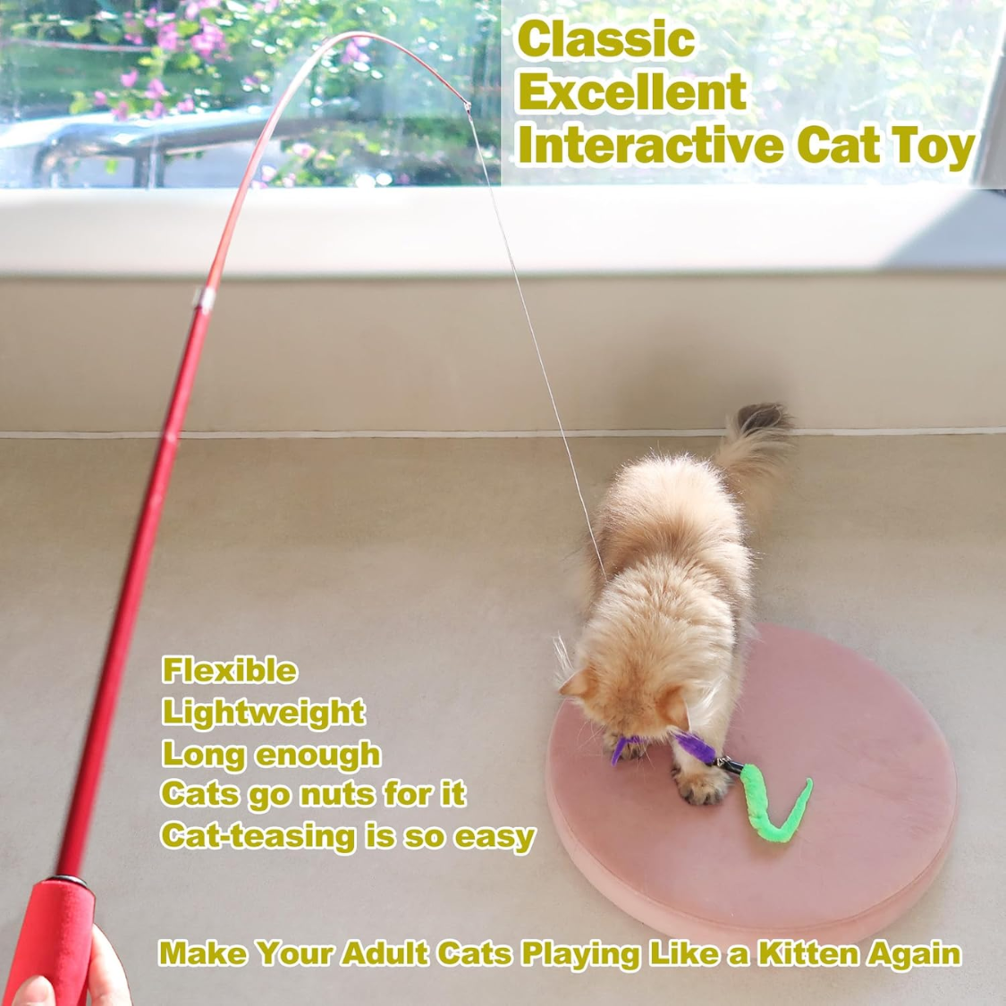 Fluffy cat playing with a red wand toy and fuzzy worm attachments on a pink mat by a window