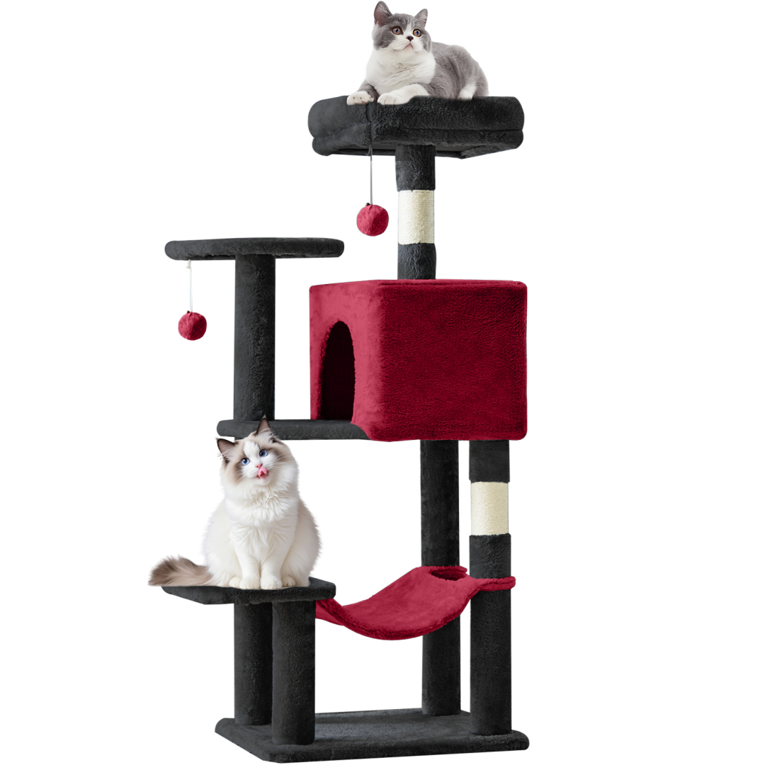 Black and red 44 inch cat tree tower with two cats, condo cubby, hammock and toy balls