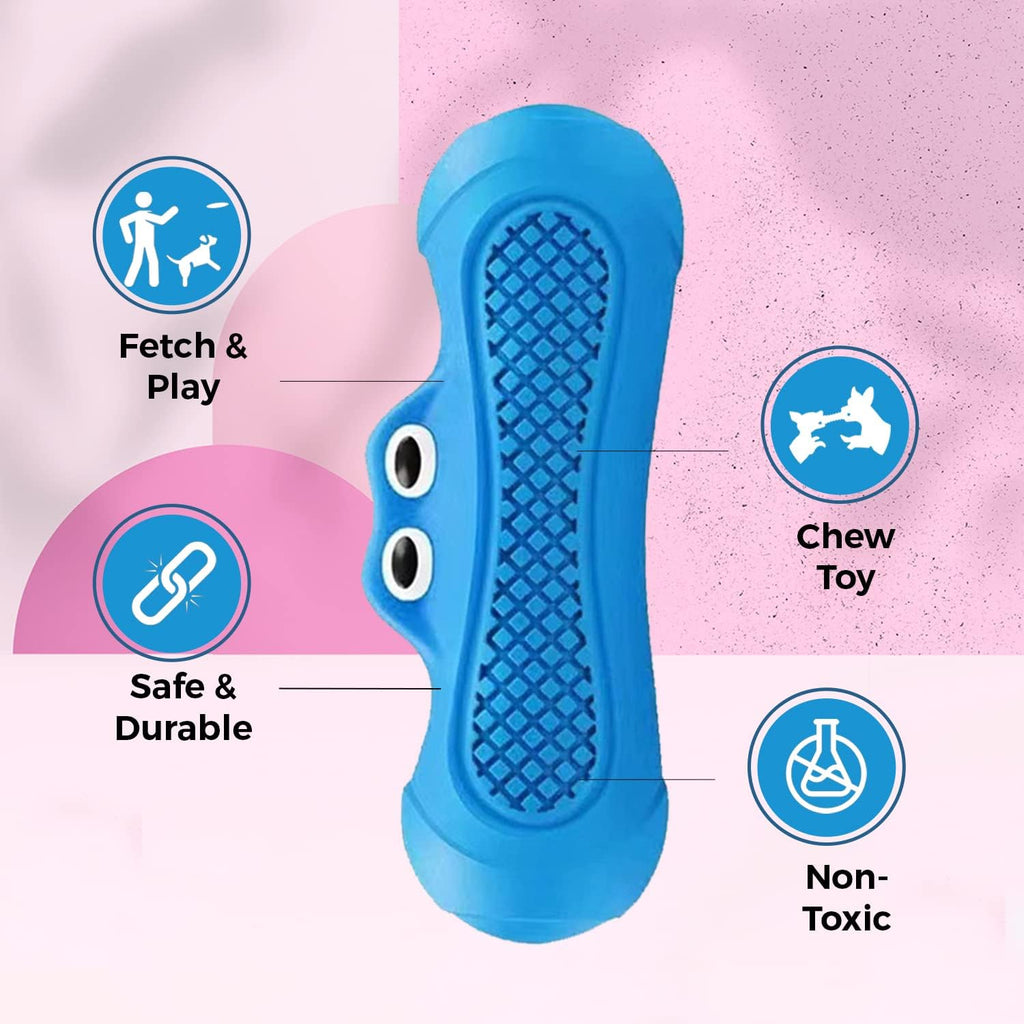 Blue monster dog toy with feature callouts