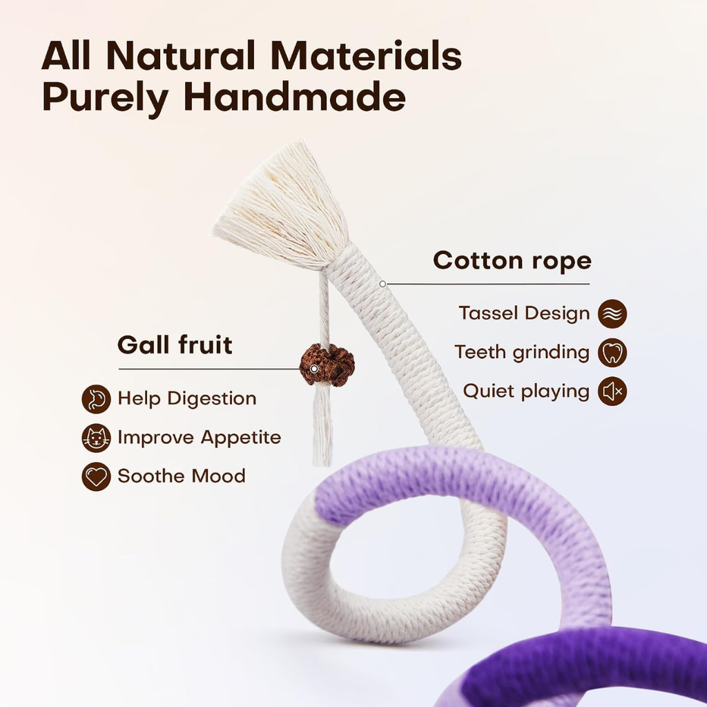 All natural materials graphic showing white and purple cotton rope chew toys with gall fruit, highlighting handmade cotton rope, tassel design, teeth grinding, and quiet playing.