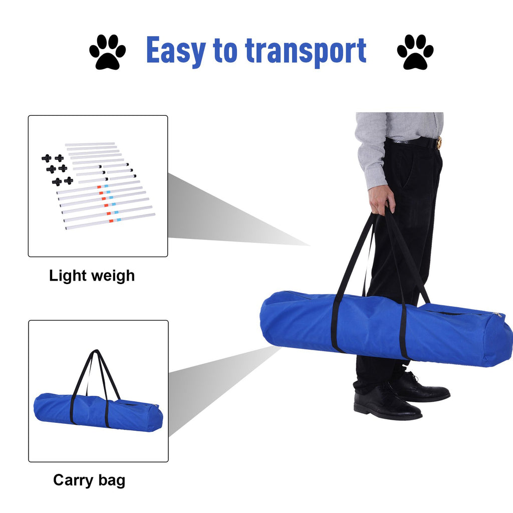 Easy to transport infographic showing lightweight poles, carry bag and person carrying the blue storage bag