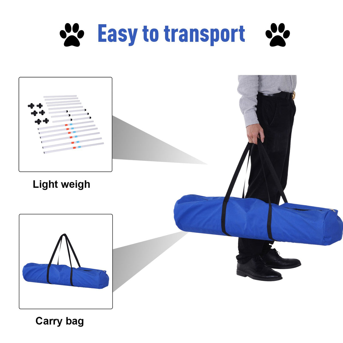 Easy to transport infographic showing lightweight poles, carry bag and person carrying the blue storage bag