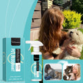 Lifestyle collage showing a woman holding a dog, the turquoise deodorant spray bottles, and before-and-after photos of a dog.