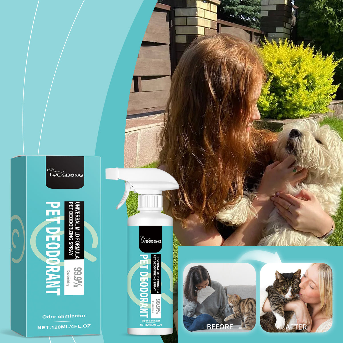Lifestyle collage showing a woman holding a dog, the turquoise deodorant spray bottles, and before-and-after photos of a dog.