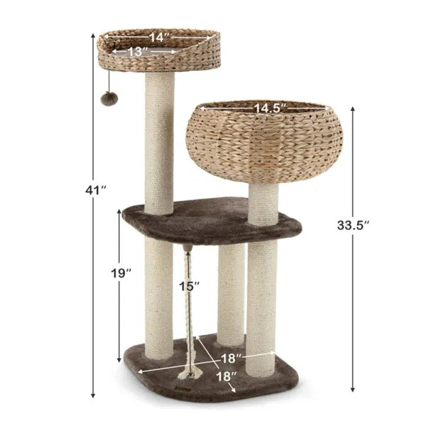 Water hyacinth cat tree dimension diagram showing 41 inch height with woven basket and nest perches