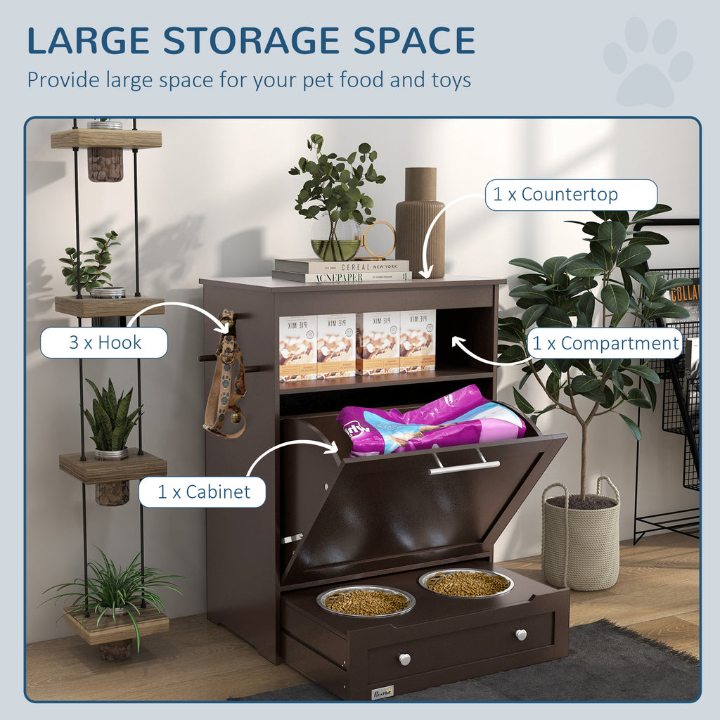 Large storage space in gray pet feeder station – countertop, compartment, cabinet and 3 hooks for pet food, toys and leash