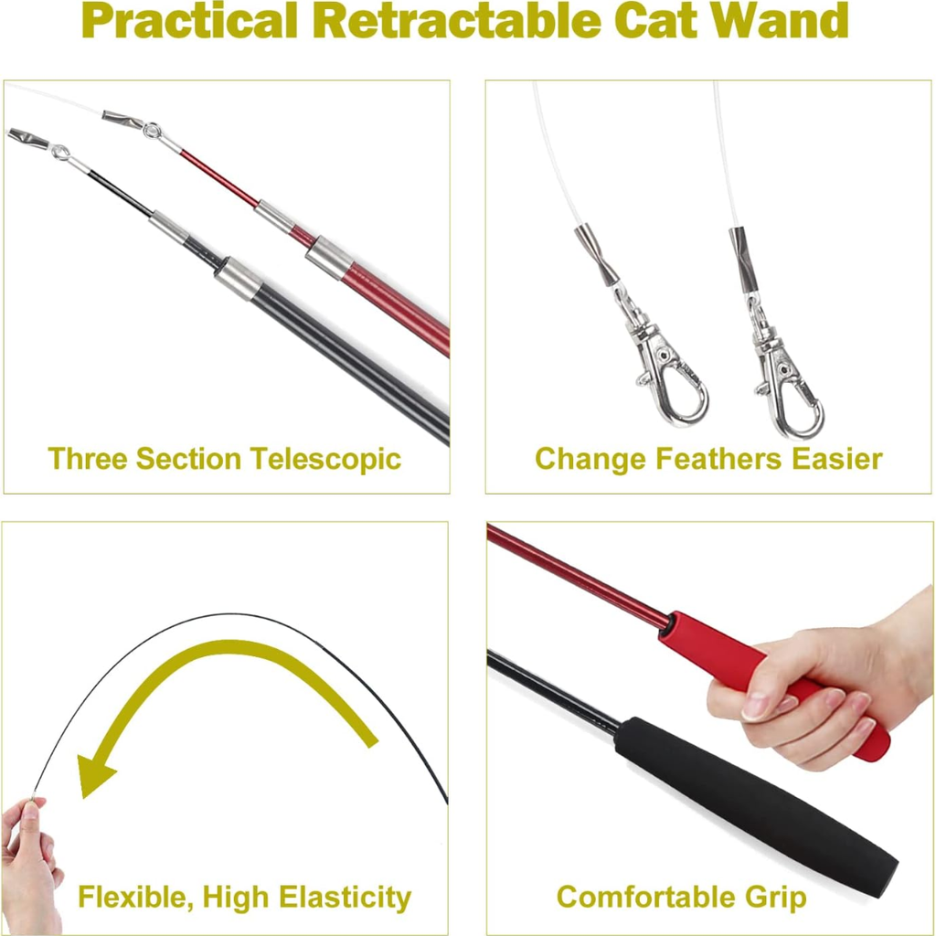 Practical retractable cat wand infographic showing three-section telescopic design, easy feather change clips, flexible elasticity and comfortable grip