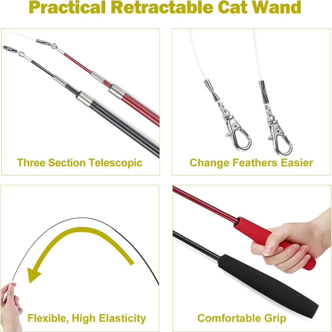 Practical retractable cat wand infographic showing three-section telescopic design, easy feather change clips, flexible elasticity and comfortable grip