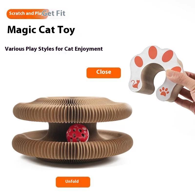 Fold and unfold graphic showing the accordion scratching board as a flat disc with red ball and as a folded paw toy, captioned magic cat toy.