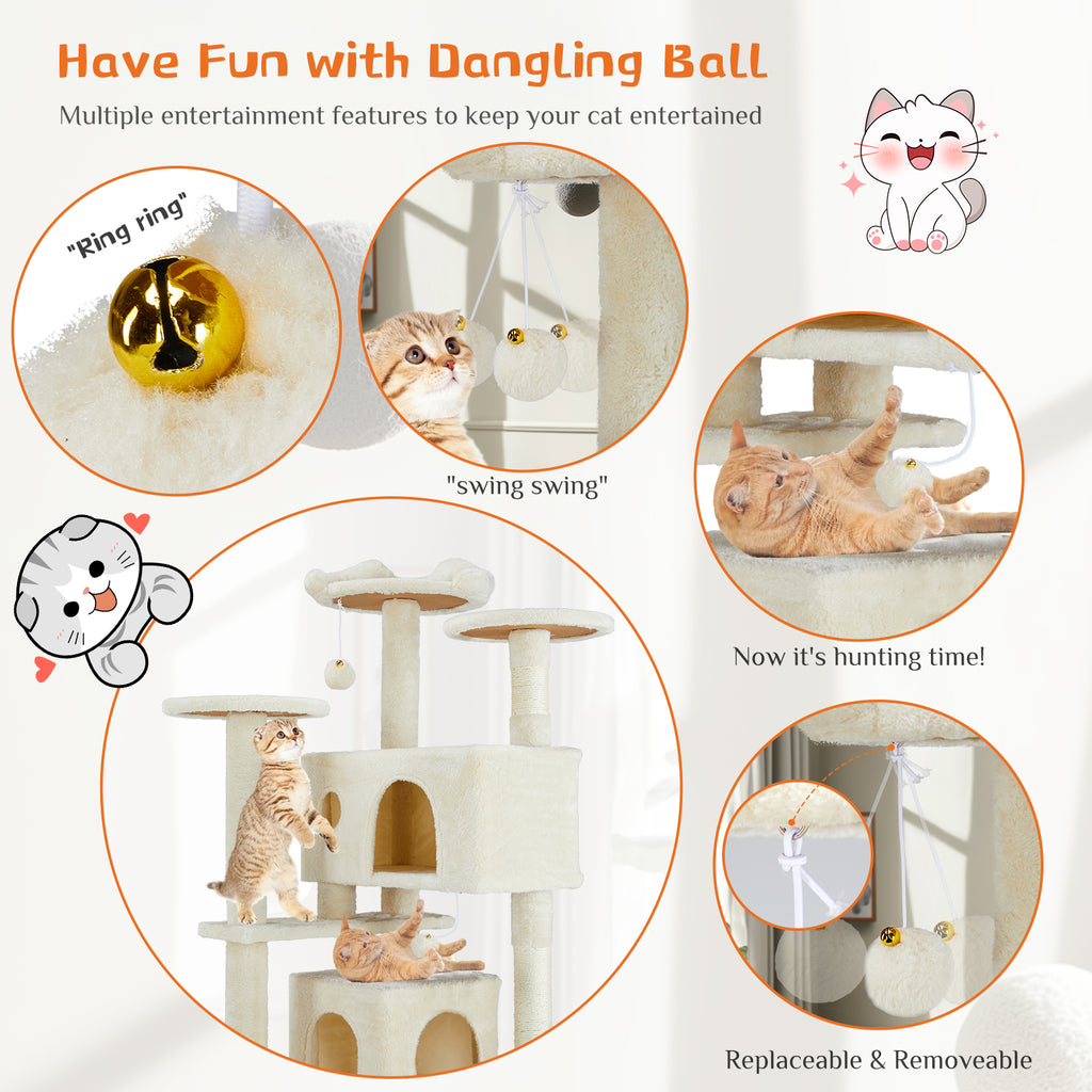Cat tree dangling ball toys – golden bell, swinging pom-poms, replaceable and removable, cats playing
