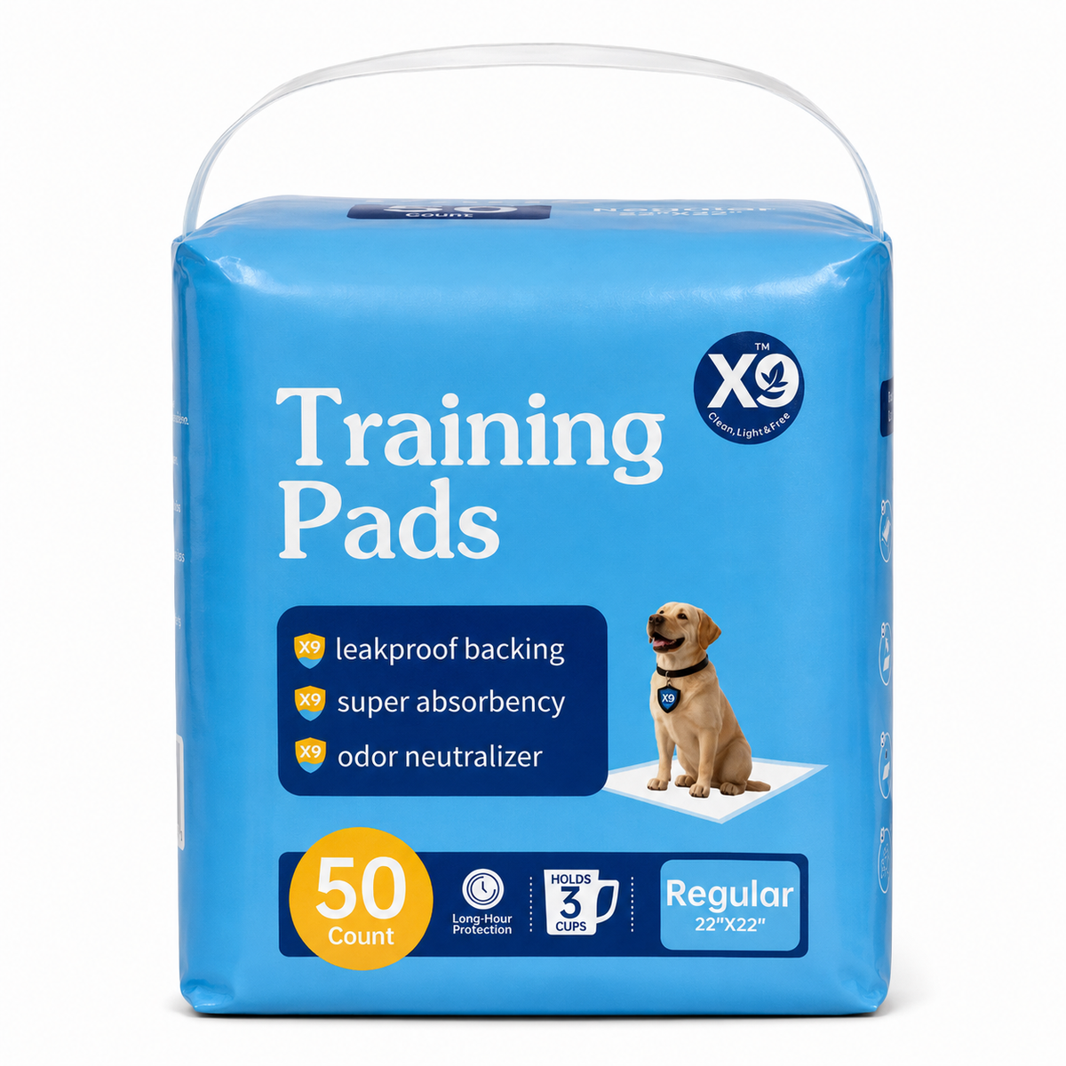 Blue 50-count disposable dog training pads package, 22 by 22 inch regular size with leakproof backing and super absorbency