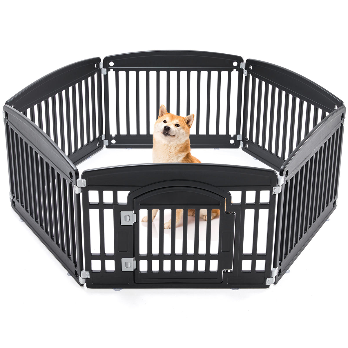 Black 6-panel plastic dog playpen with vertical slats and gate door; Shiba Inu sitting inside the portable pet fence