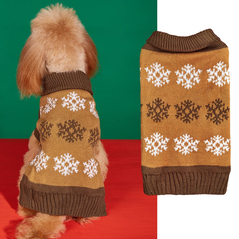 poodle wearing dark brown snowflake Christmas sweater with flat product shot of dark brown sweater