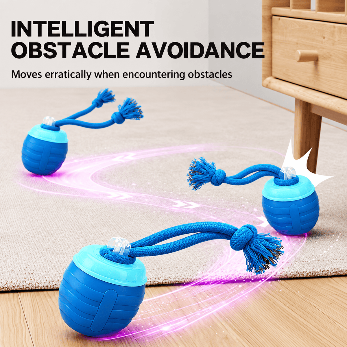 Three blue smart dog balls with rope tassels moving erratically on a carpet near furniture, captioned intelligent obstacle avoidance.